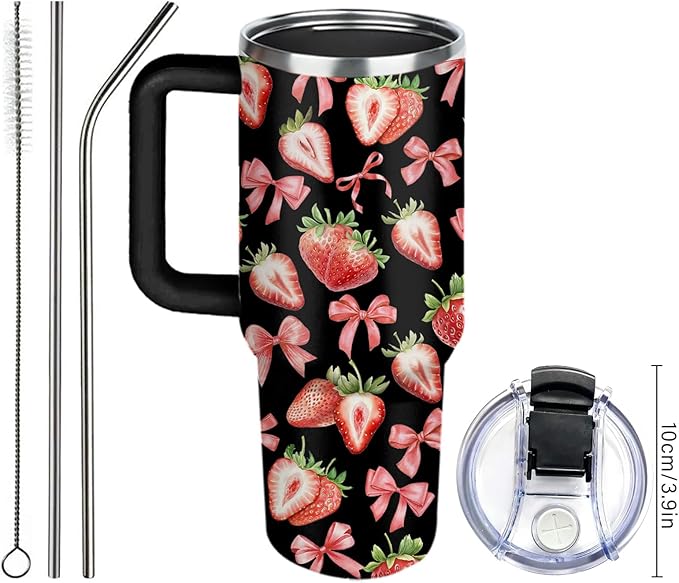 Strawberry 40 oz Tumbler with Handle and Straw - Double Wall Vacuum Insulated Coffee Cup Keeps Drinks Cold & Hot - Strawberries Festival Birthday Gifts for Strawberry Lovers Girls Women Sister
