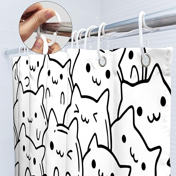 SVBright Cat Shower Curtain 60Wx72L Inch Kids Funny Black White Animal Cute Silhouette Kitty Kitten Simple Line Humor Girls Boys 12 Pack Hooks Polyester Waterproof Fabric Bathroom Bathtub Panels