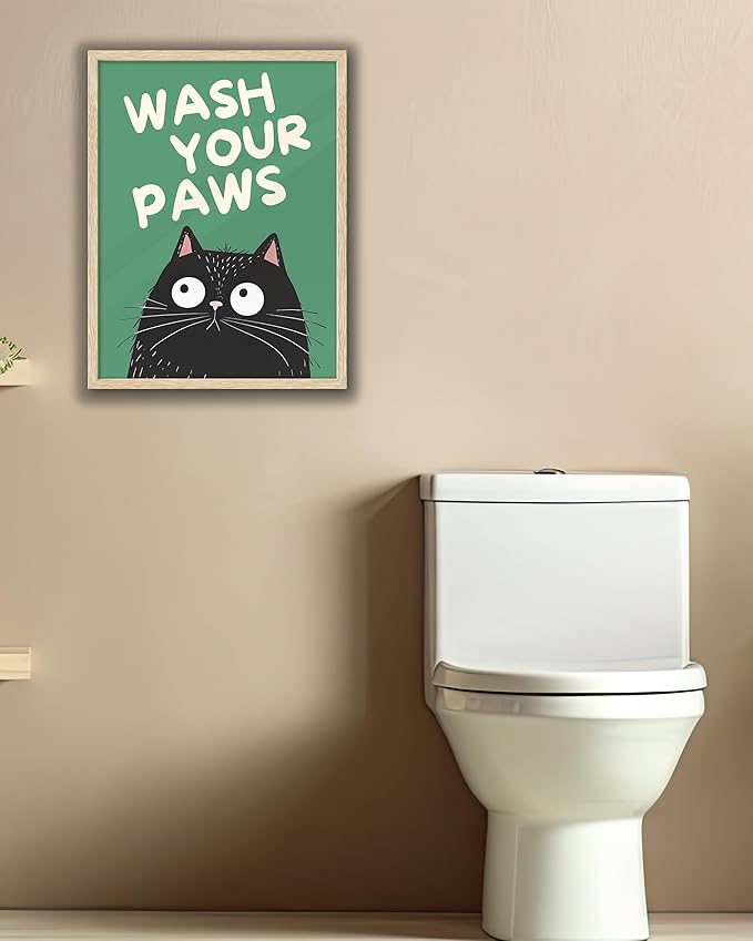 UPWOIGH Beige OAK Framed Wall Art Decor, Black Cat WASH YOUR PAWS Funny Wall Art, Waterproof Wood Framed Canvas Wall Art Animals Abstract Prints, 12"x16"High-end Pictures for Bedroom Bathroom 1 Pack