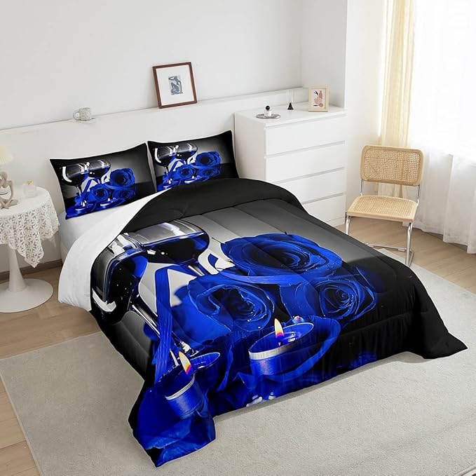 Blue Rose Comforter for Girls Boys Romantic 3D Rose Bedding Set King Wine Glass Blossom Floral Quilt Set Women Men Adult Gray Black Duvet Insert, Flower Petals Valentine's Day Bedding Comforter Sets