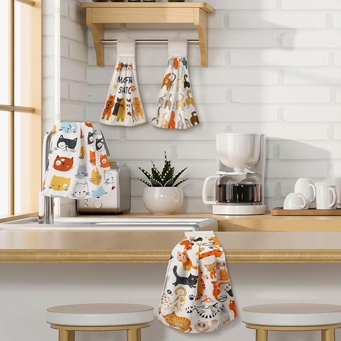 Sratte 4 Pcs Cat Kitchen Tie Towels with Hanging Loop Set Funny Cat Lover Gift Cute Hand Towels Kitty Owners Bath Dish Absorbent Oven Stove Washcloth for Home Women Mom Housewarming Gifts Decor