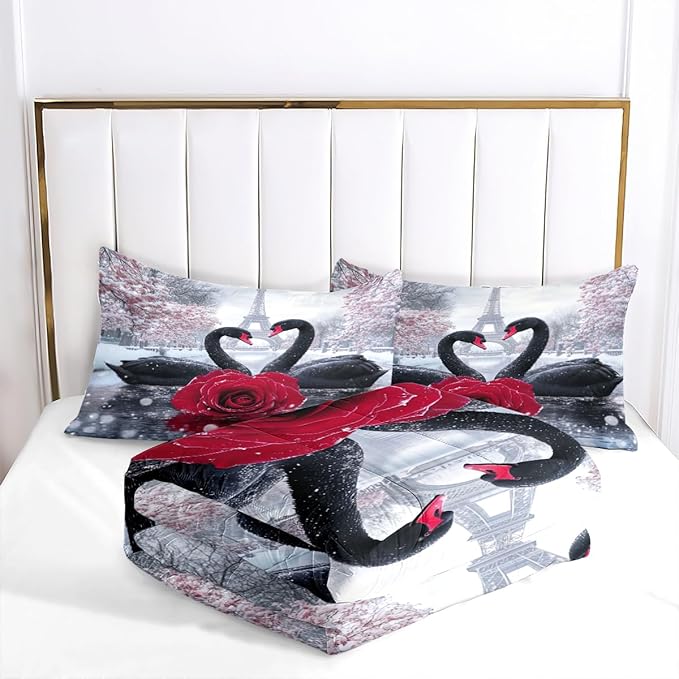 Swan Comforter Set Queen Couple Red Rose Bedding Set for Women Men Aesthetic Romantic Bedding Soft Down Alternative Comforter Sets for All Season Great Valentine's Day Bedroom Decor