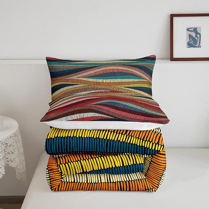 Boho Comforter Set Twin Bohemian Wavy Bedding Rainbow Embroidered Waves Bedding Comforter Sets Geometric Tribal Ethnic Bedroom Decor Colorful Abstract Lightweight Duvet Insert for Adult