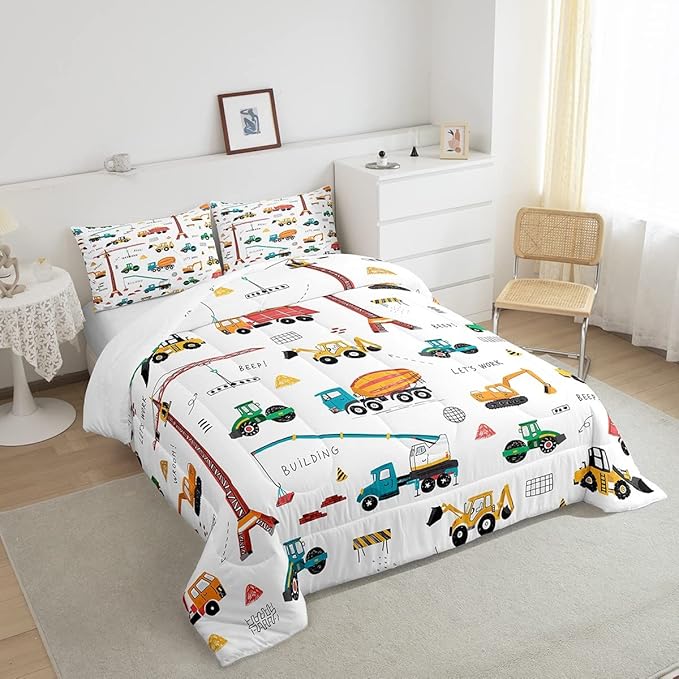 Tractor Comforter, Excavator Machinery Trucks Bedding Set Full Size, Construction Vehicle Down Comforter, Bulldozer Crane Equipment Truck Quilt Set For Child Teens 3Pcs Bedroom Decor, Yellow Green