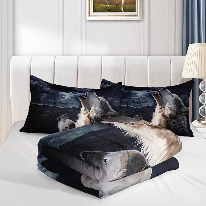 Storm Wolf Kids Comforter Bedding Set for Boys Girls,Watercolor Wolf Dark Clouds Wild Animal Comforter with 2 Pillowcases(Storm Wolf Full)