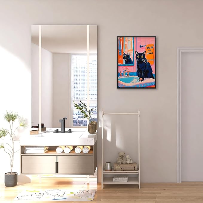 Black Cat Wash Your Paws Fun Wall Art Funky Colorful Bathroom Animal Poster Playful Kitsch Dopamine Aesthetic Canvas Pictures 16x24 inch Black Framed for Bathroom Wall Decor