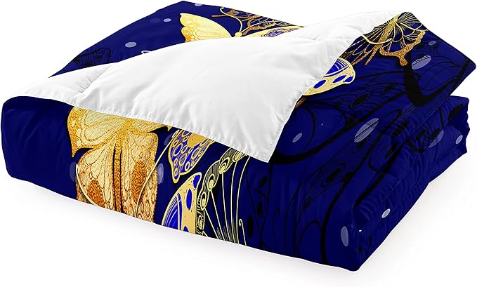 Butterfly Bedding Queen Size Comforter Set Blue Gold Butterfly Bedding Sets for Adult Teens Soft Lightweight Bed Quilt Sets for Bedroom, 3 Piece 1 Comforter + 2 Pillowcases