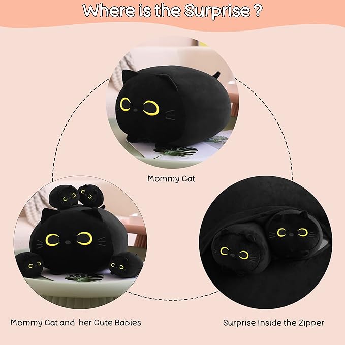 SQEQE Black Cat Plush, Cat Stuffed Animals Plushie with 4 Cute Babies Cat Plushies in Her Tummy, Soft Plushie Pillow Gifts for Kids