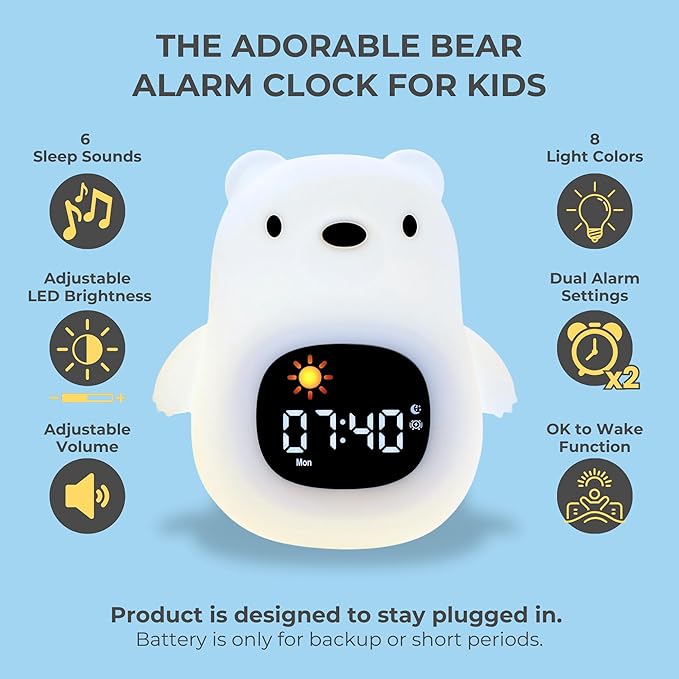 Bumble & Bright Bear Kids Alarm Clock with Night Lamp & Sound Machine | 8 Soothing Colors & 6 Relaxing Sounds | USB Powered | Adorable Alarm Clock for Kids, Girls & Boys