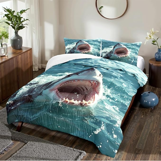 Boys Shark Bedding Set Full Size Teal Blue Comforter Set for Kids Boys Teen Aqua Ocean Comforter Sets with 1 Sharks Comforter + 2 Pillowcases