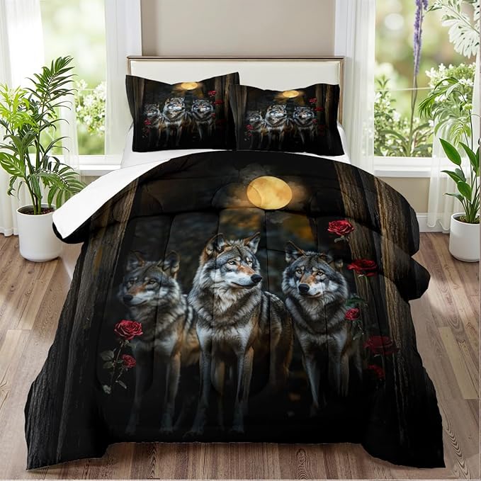 Wolves Comforter Set Twin Forest Wolf Safari Animal Bedding Set with Moon Red Rose Comforter and 1 Pillowcase