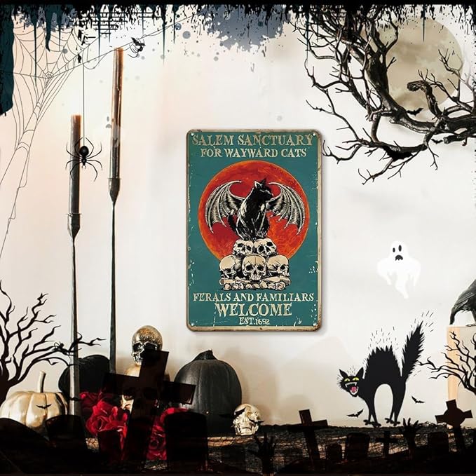 Vintage Black Cat Sign Salem Sanctuary For Wayward Cats Tin Sign for Home Bedroom Living Room Wall Art Decoration 8x12 inch (3035)