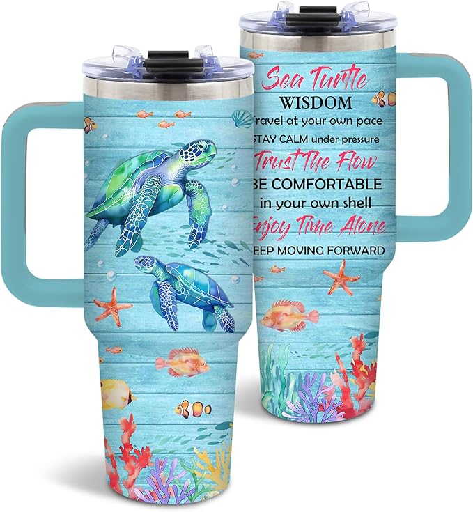 Turtles Gifts for Women, Sea Turtle Tumbler, Birthday Gifts for Sea Turtle Lover, Cute Animal Lover Gift for Women, 40 Oz Tumbler with Handle Lid and Straw