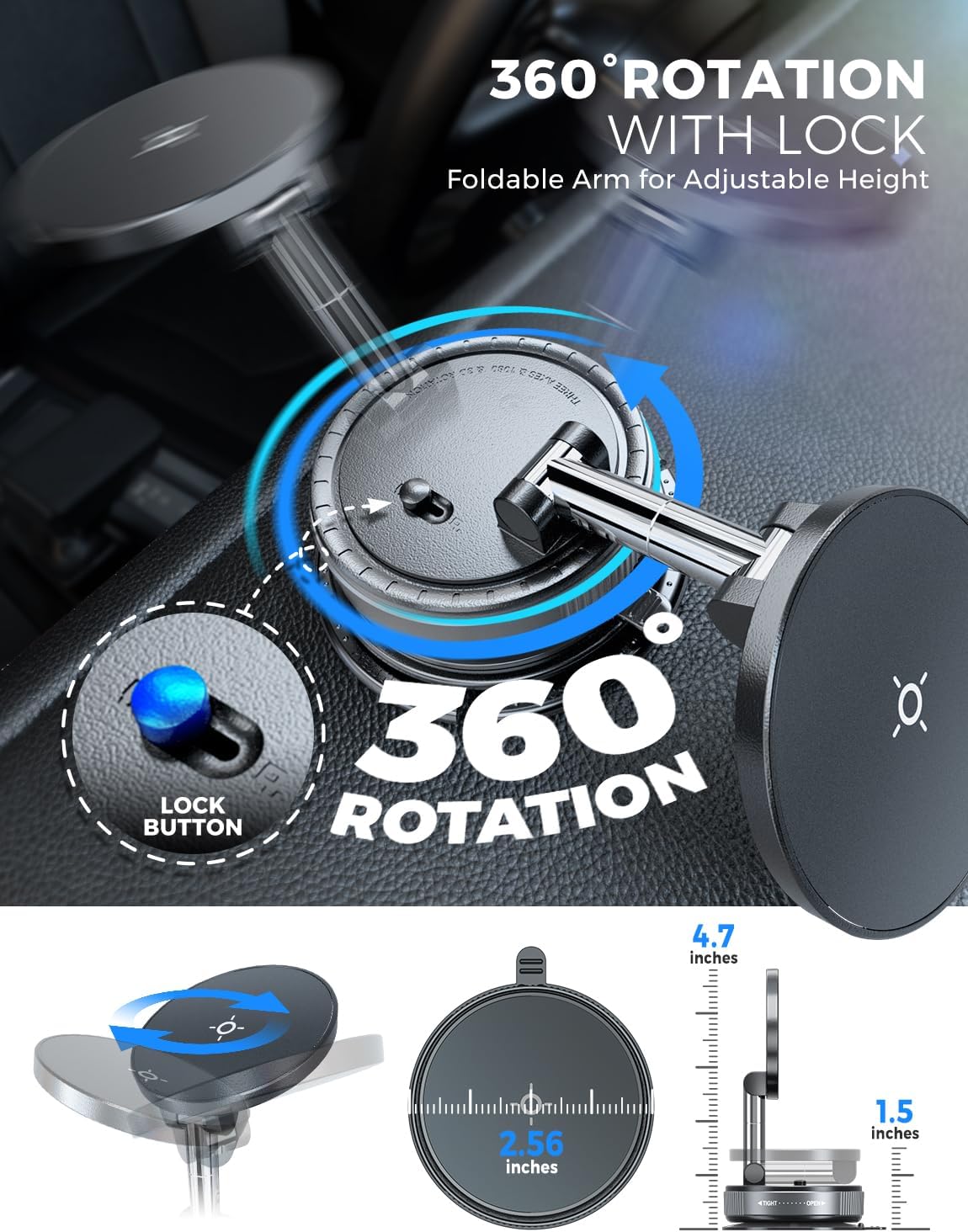 eSamcore Vacuum Magnetic Phone Holder for Car, for Magsafe Car Mount for Windshield, Foldable Stand Suction Cup for Mirror, Glass, Screen, Gym, Smooth Surfaces Compatible with iPhone