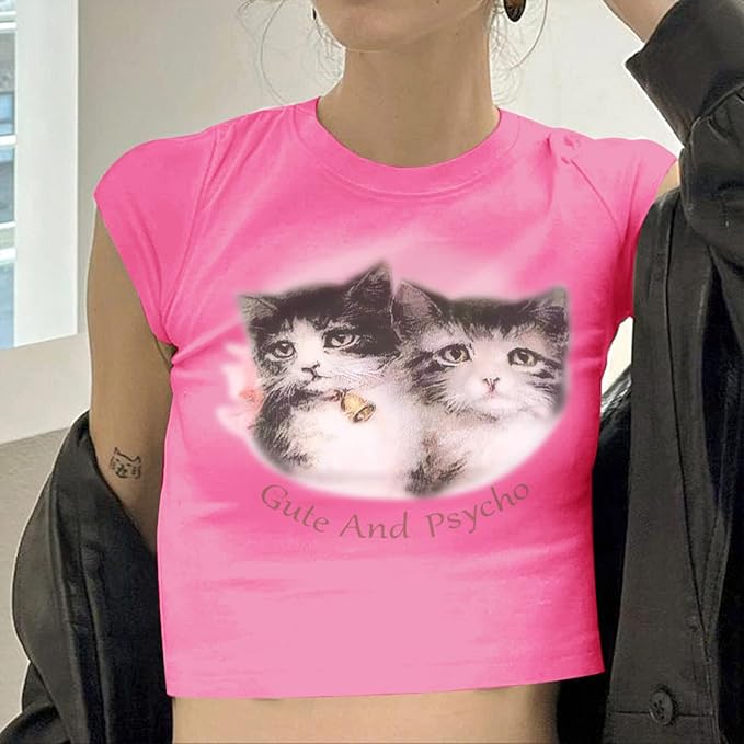 Tuislay Cat Baby Tees for Women Cute Y2k Coquette Shirt Funny Cropped Graphic Tees Top Downtown Girl Aesthetic Grunge Clothes