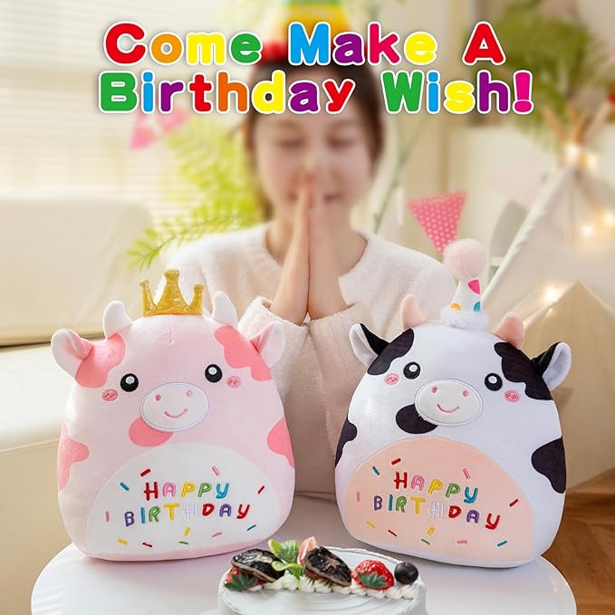 SQEQE Cow Stuffed Animal Soft Cow Stuffed Toy Birthday Party Decoration Gift Kawaii Pink Cow Plushie with Golden Crown for Kids Girls Boys(Pink Cow,10 Inch)