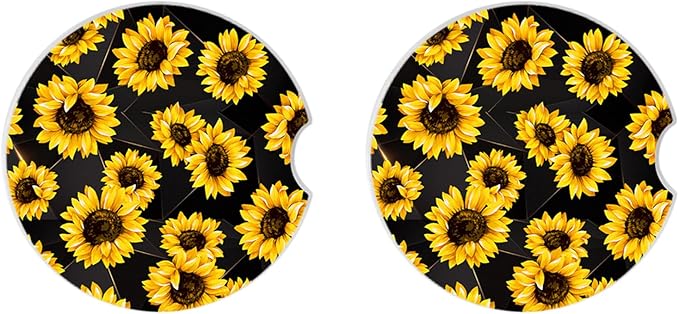 Sunflowers Absorbent Car Coasters 2 Pack for Cup Holders, 2.56" Ceramic Stone & Non-Scratch Cork Base Drink Coasters, Auto Accessories for Women & Men