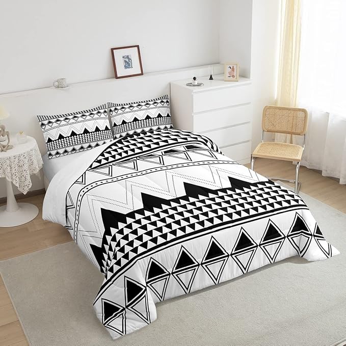 Boho Aztec Comforter Set Full Size Black And White Bedding Set Morden Geometric Triangle Lattice Down Comforter Minimalism Room Decor Warm Soft 3 Pieces Quilted Duvet For Kids Boys Girls Teens