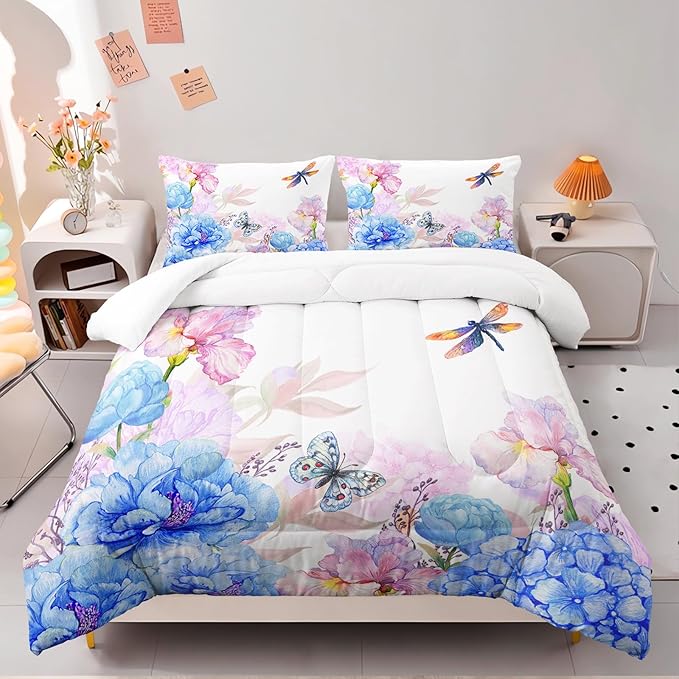 Blue and Pink Flower Comforter Set Full Dragonfly Butterfly Bedding Sets 3PCS for Kids Teen Adult Floral Room Decor Ultra-Soft Lightweight Microfiber 1 Comforter with 2 Pillowcases