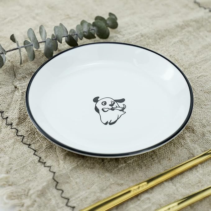 WAIT FLY 5 Inches Funny Happy Dog Pattern with Brush Strokes Ceramics Seasoning Dishes/Tea Bag Holders/Ketchup Saucer/Appetizer Plates/Seasoning Dipping Bowls, Set of 4