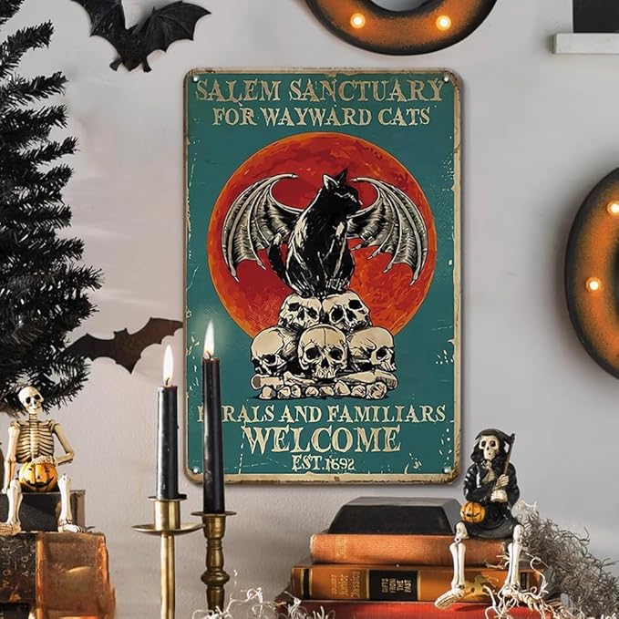 Vintage Black Cat Sign Salem Sanctuary For Wayward Cats Tin Sign for Home Bedroom Living Room Wall Art Decoration 8x12 inch (3035)