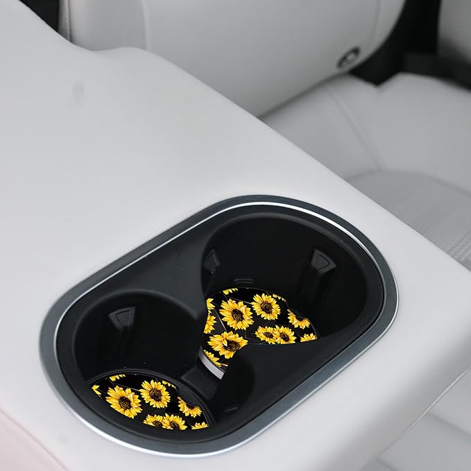 Sunflowers Absorbent Car Coasters 2 Pack for Cup Holders, 2.56" Ceramic Stone & Non-Scratch Cork Base Drink Coasters, Auto Accessories for Women & Men