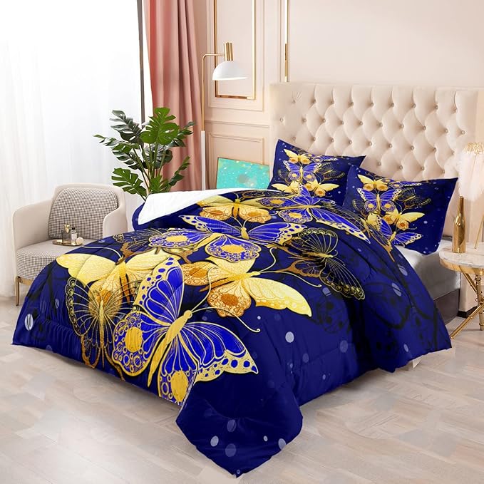 Butterfly Bedding Queen Size Comforter Set Blue Gold Butterfly Bedding Sets for Adult Teens Soft Lightweight Bed Quilt Sets for Bedroom, 3 Piece 1 Comforter + 2 Pillowcases
