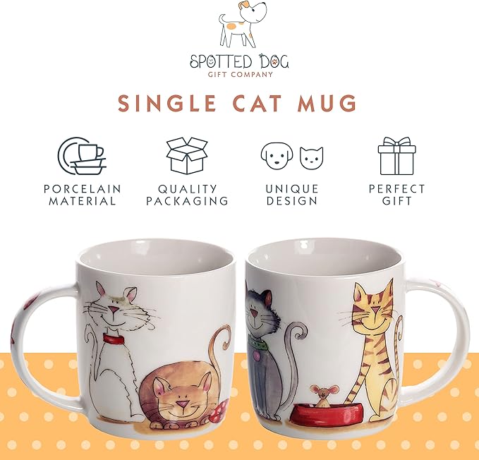 SPOTTED DOG GIFT COMPANY Cat Mug, Single Coffee Mug, Animal Themed Ceramic Tea Cup for Hot Drinks, Microwave Dishwasher Safe, Cute Kitchen Gifts for Cat Lovers - 12oz