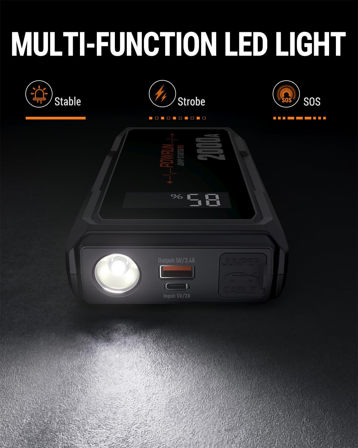 Powrun P-X Jump Starter, 2000A Portable Jump Box - Car Jump Starter Battery Pack for up to 6.0L Gas and 5.0L Diesel Engines, 12V Battery Jump Starter with Carry Bag