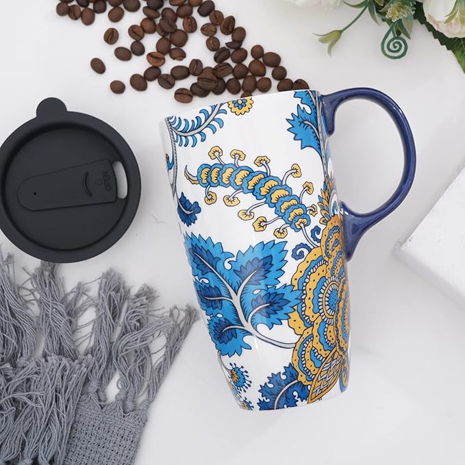 Topadorn Ceramic Mug with Lid and Handle,17oz. Tall Coffee Cup for Home,Party and Birthday,Blue Flower