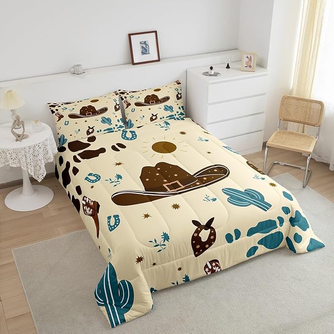Western Cowboy Comforter Set King Size,Fashion Cowboy Hat Bedding Sets 3Pcs for Kids Girls Boys Teens Room Decor,Desert Cactus Quilt Set Blue Brown Cowhide Print Duvet Insert,2 Pillowcases