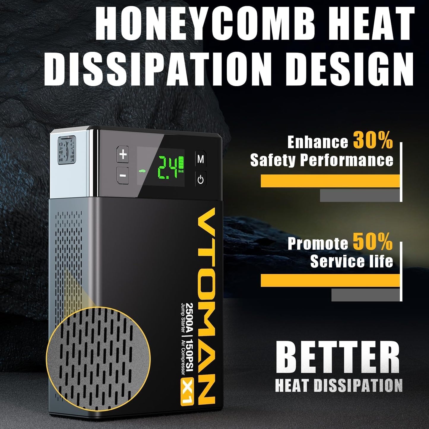 VTOMAN X1 Jump Starter with Air Compressor, Car Battery Jumper Starter (2500A,Up to 8.5L Gas/6L Diesel Engine) with 150PSI Auto Tire Inflator, 12V Portable Booster Pack, Lithium Jump Box Charger-Black