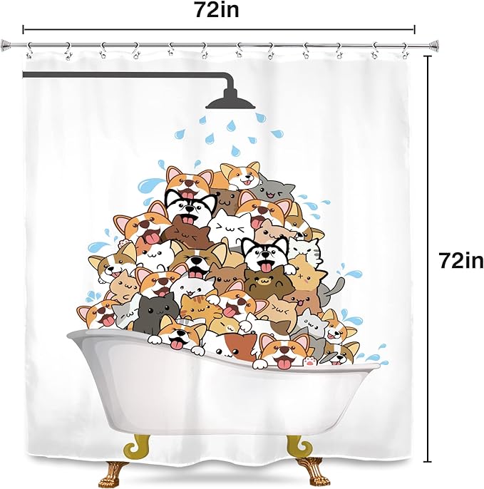 SVBright Funny Dog Shower Curtain Kids Cute Corgi Raining Cartoon Animal 72Wx72L Inch Hilarious Pets Playing Water12 Pack Hooks Polyester Waterproof Fabric Bathroom Bathtub Panels