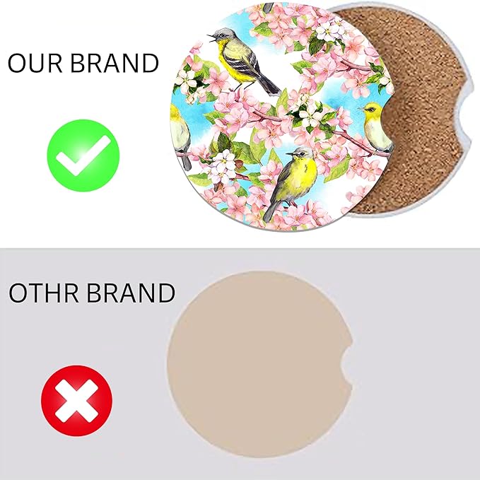 Spring Flowers Blossom and Birds Car Cup Holder Coasters, 2 Pack Cup Coasters Car Accessories Interior Aesthetic for Men Women, Absorbent Ceramic Coaster with Cork Back, Retro Car Decoration Gifts
