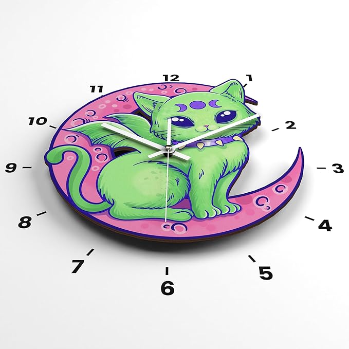 Wooden Wall Clock Spooky Cat Non-Ticking Silent Battery Operated Home Decor DIY Numbers Cute Pastel Goth House Warming Gift for Kids Bedroom Girls Room Living Room Kitchen Kawaii Halloween Moon