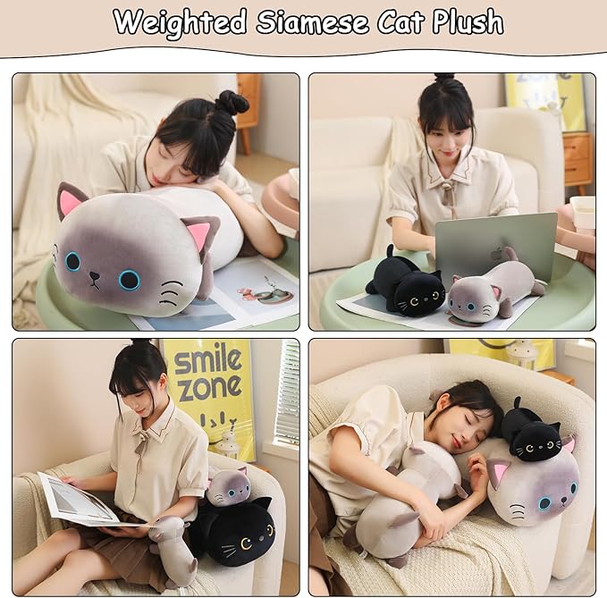 SQEQE Weighted Siamese Cat Plush, Weighted Siamese Cat Stuffed Animal, Cute Plushies Soft Pillow Toy Gift for Kids Adults 13.8 Inch, 1.6 Lbs