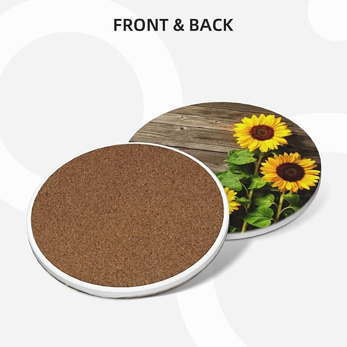 Sunflower Coasters for Drinks Set of 4, 4 Inch Romantic Wooden Background Absorbent Diatomite Ceramics Coasters for Coffee Table with Cork Base Tabletop Protection Suitable for Dining Desks