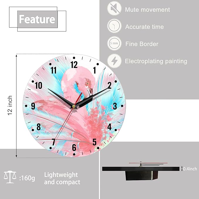 SPUNKER Wall Clocks,Pink Flamingo 10 Inch Wall Clock,Abstract Blue Feathers Small Battery Operated Wall Clocks Decorative for Kitchen/Living Room/Bedroom/Bathroom/Dining Room