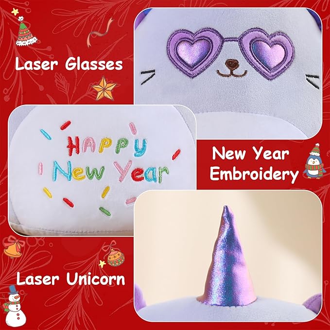 SQEQE Cat Plush Unicorn Cat Stuffed Animal Toy Happy New Year Plushies Kawaii Animal Plushie Doll Gifts for Kids Christmas Party Decoration(Purple, 10 Inch)