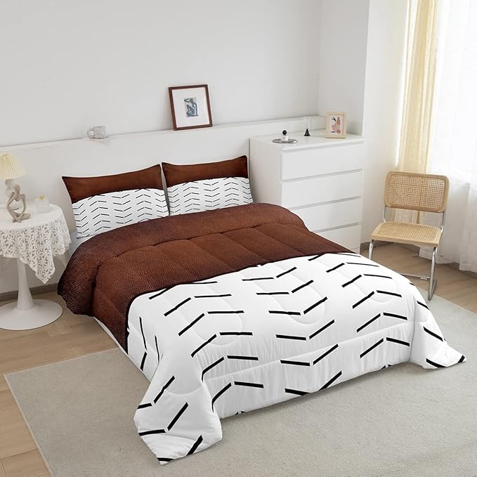 Boho Stripe Bedding Set Full Size Geometric Comforter Set Exotic Morden Black Brown Lines Down Comforter Tribal Minimalism Fashion Bedroom Decor 3 Pieces Duvet Insert for Adult Men Women