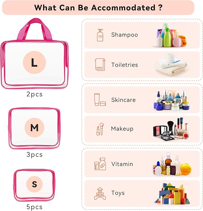 TISRATOK 10 PCS Clear Travel Makeup Toiletry Bag, Plastic PVC Cosmetic TSA Approved Organizer Kit with Zipper Handbag(Rose Red)