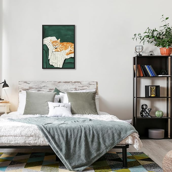 Sleeping Orange Cat poster Green Aesthetic Wall Art Preppy Funky Cute Animal Canvas Painting Gift For Cat Lover 24x36 inch Black Framed for Cozy Room Wall Decor