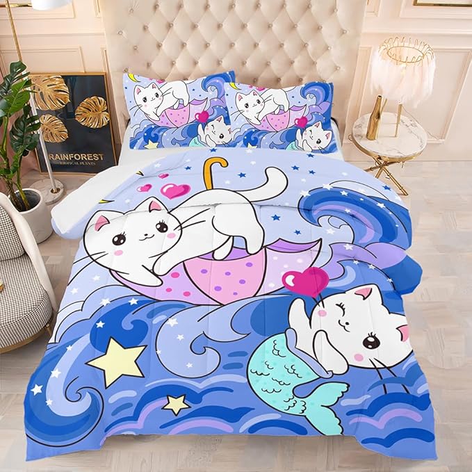 Suncloris Kids Mermaid Cat Comforter, Cats On Purple Blue Wave Bedding Bedspread for Girls Teens, Lovely Animal Bedroom Decor with 2 Pillow Cases (04, Twin)