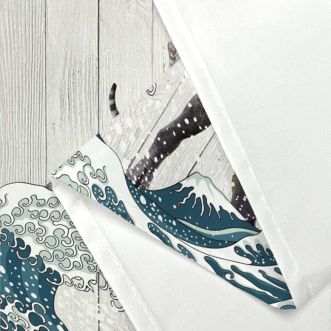 Torich Funny Cat Shower Curtain Set, Cool Cat Dinosaur Japanese Ocean Wave Decor Fabric Bathroom Curtains, Fun Kids Children Animal Rustic Wooden Farmhouse Decor Polyester Fabric 69X78in