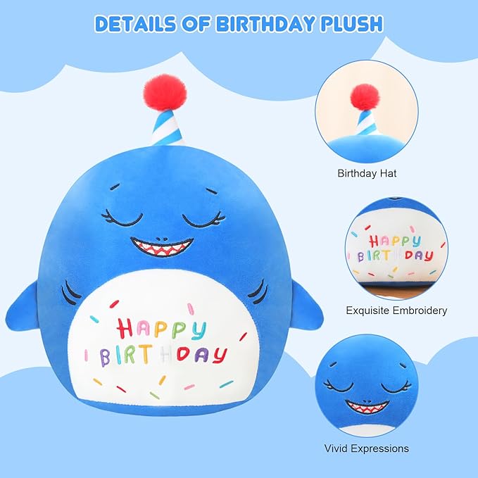 SQEQE Shark Stuffed Animal Toy Happy Birthday Shark Plush Cute Blue Birthday Plushies Doll Home Decor for Kids Girls Boys 10 Inch