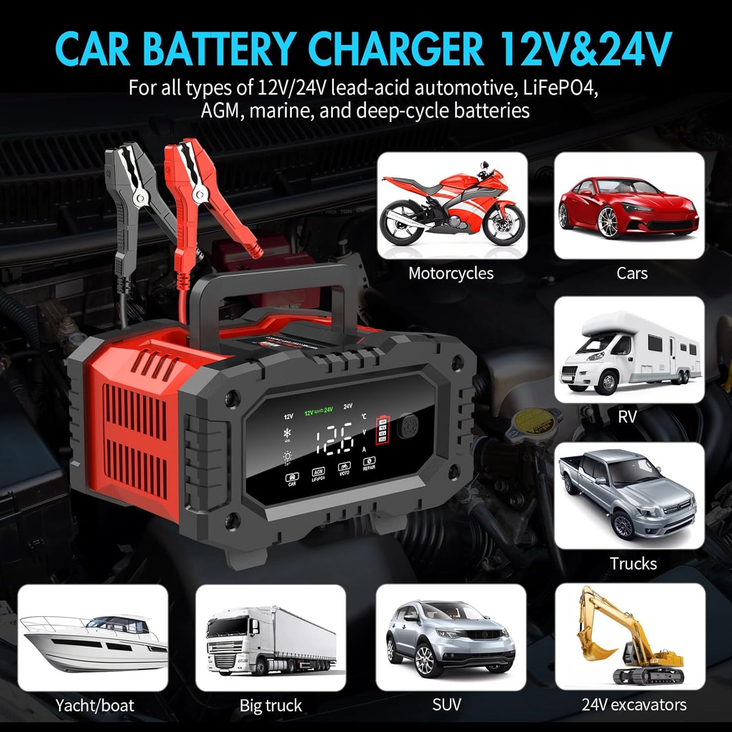 YONHAN Battery Charger 20A 12V/24V LiFePO4 Lead Acid Fully Automatic Battery Maintainer, Car Battery Trickle Charger Automotive w/Repair, Winter Mode, for AGM, STD, Gel, Deep Cycle Batteries