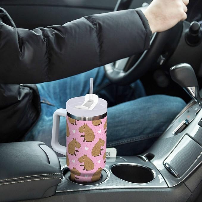Boccsty Heart Cute Cartoon Capybara Insulated Tumblers Reusable Stainless Steel Tumbler 40 oz Cup Coffee Travel Mug Water Bottle with Handle & Flip Straw for Home Office Car