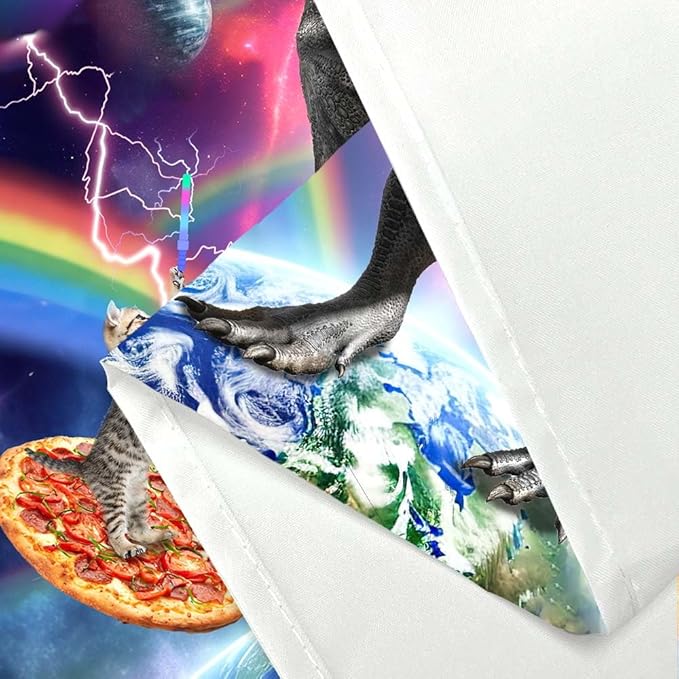 Torich Funny Cat Shower Curtain for Bathroom, Kids Cool Cat Riding Cute Dinosaur on Outer Space Universe Fantasy Galaxy Hilarious Shower Curtain Set, Anime Fabric Bathtub Decor Hooks, 72X84IN