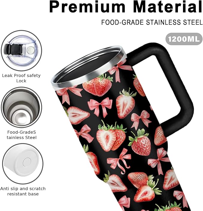 Strawberry 40 oz Tumbler with Handle and Straw - Double Wall Vacuum Insulated Coffee Cup Keeps Drinks Cold & Hot - Strawberries Festival Birthday Gifts for Strawberry Lovers Girls Women Sister