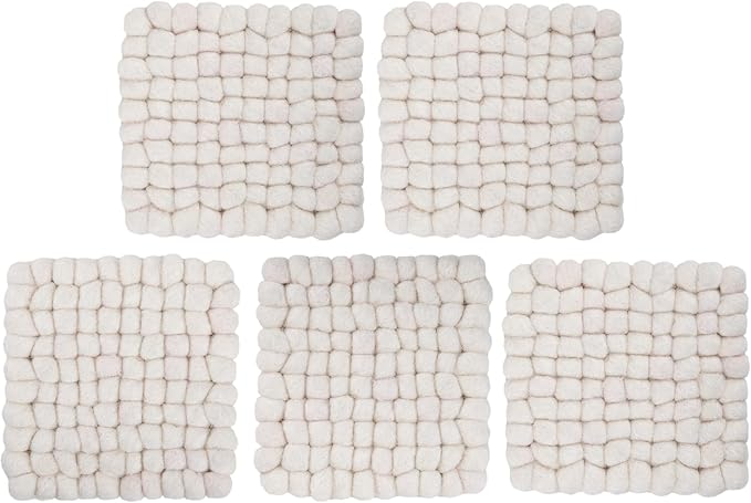 Square Felt Ball Coasters - 100% Merino Wool Table Coasters - Felt Coaster Pads, Absorbent Trivet for Drinks - Heat Resistant, Thick & Durable Hand Felted in Nepal by Woolygon- Multicolor - Set of 5